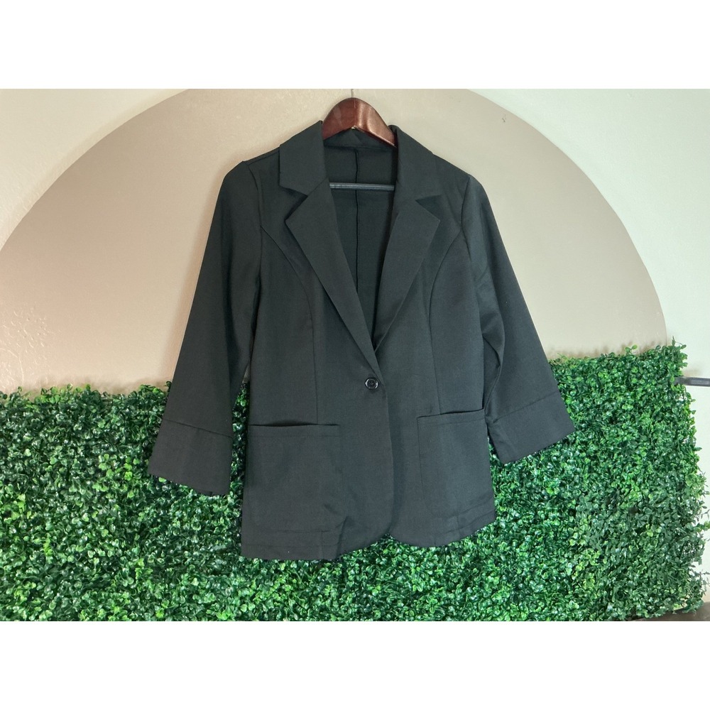 Black 3/4 Sleeve Blazer Shein Single Button Career Minimalist Jacket‎